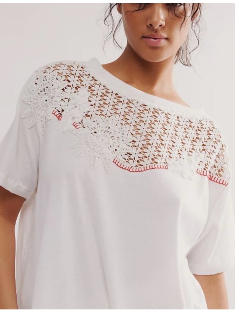 Free People White Short Sleeve Crochet Yoke Top with Red Trim